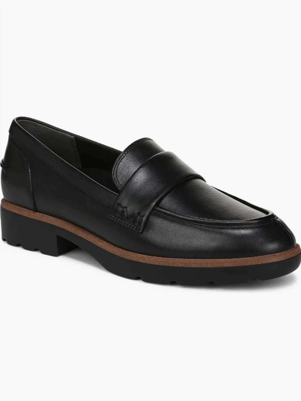 Vionic Black Leather Penny Loafers with Brown Trim